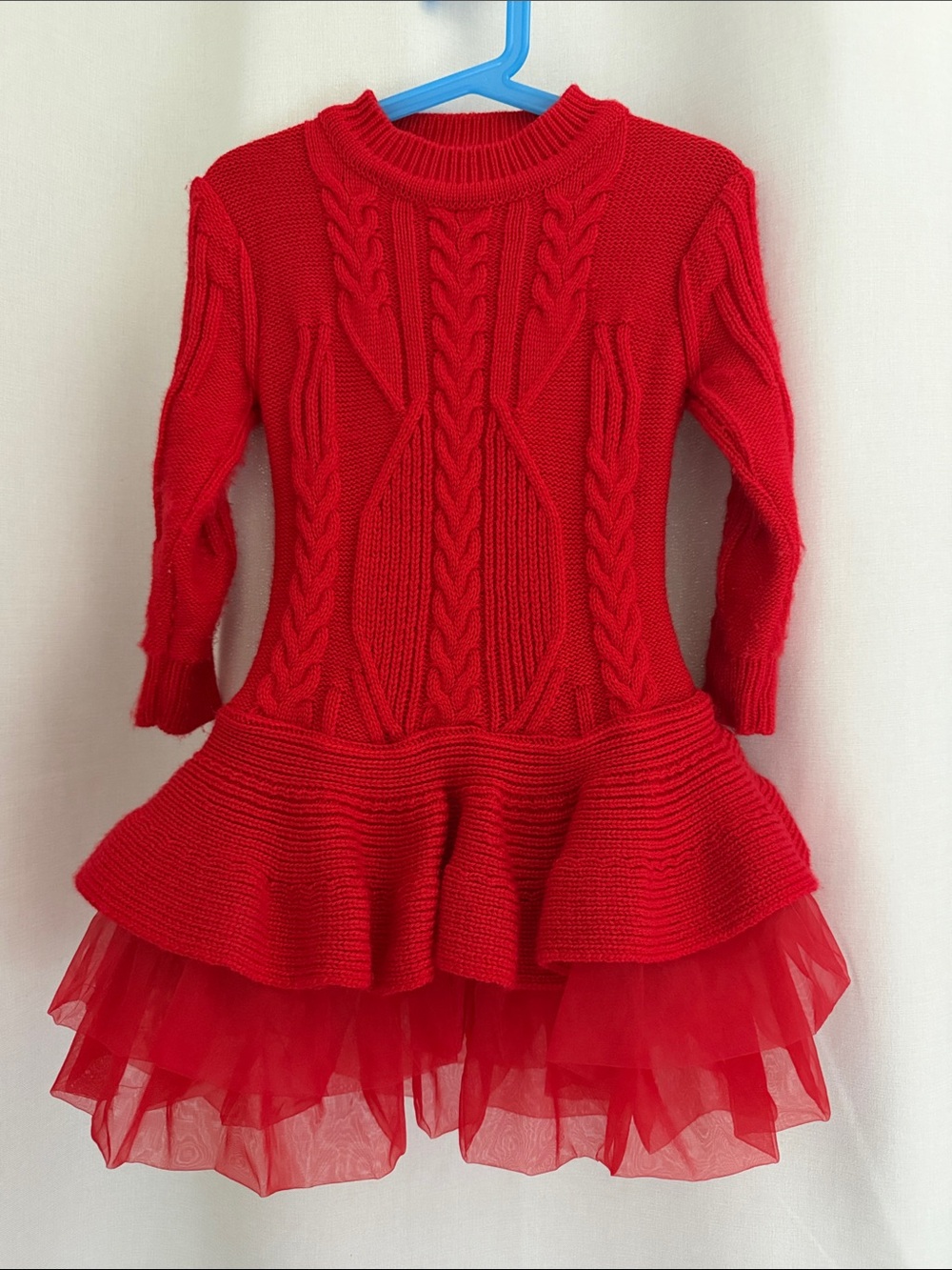 Girls Red Cable Knit Peplum Dress with Tulle Skirt